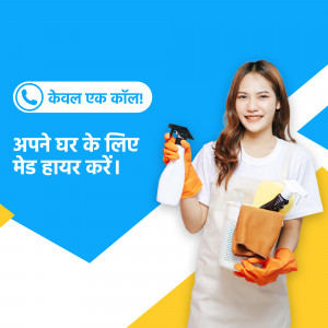 Woman with cleaning supplies promoting home cleaning services