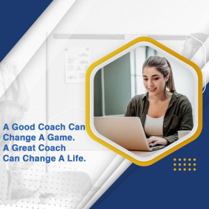 Woman working on laptop with coaching message