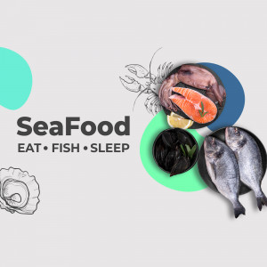 Assortment of fresh seafood including salmon, crab, mussels, and fish.