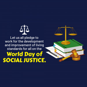 Image depicting scales of justice, books, a gavel, and a pen with text celebrating World Day of Social Justice.