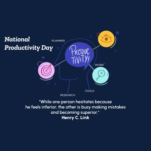 Illustration for National Productivity Day featuring a head with gears and productivity-related icons.