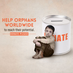 Image of a young boy sitting near a donation can with text 'Help Orphans Worldwide'