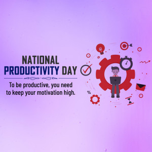 Illustration for National Productivity Day featuring a person working on a laptop surrounded by productivity icons.