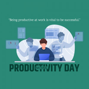 Illustration depicting people working on computers with the text 'Being productive at work is vital to be successful' and 'Productivity National Day'.