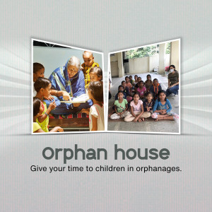 A collage of images depicting children in an orphanage with volunteers.