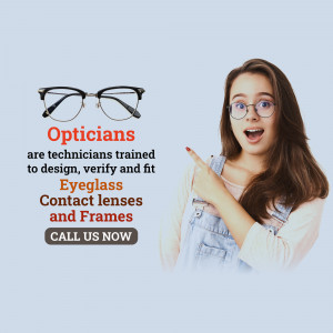 Woman pointing to eyeglasses with text about opticians and eyeglass services.