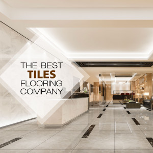 Modern interior with marble tile flooring and promotional text