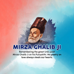 Portrait of Mirza Ghalib with a red and blue background and text commemorating him.