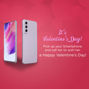 Samsung Galaxy S21 smartphone with Valentine's Day themed text and decorations