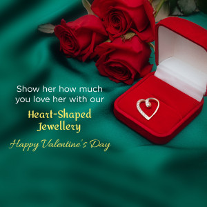 Red roses and a heart-shaped jewelry box with a ring, promoting Valentine's Day gifts.
