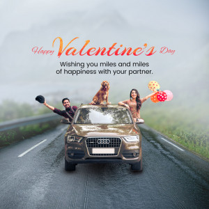 Couple with a dog on top of a car celebrating Valentine's Day