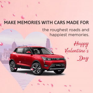 Red Mahindra XUV300 car with Valentine's Day themed background