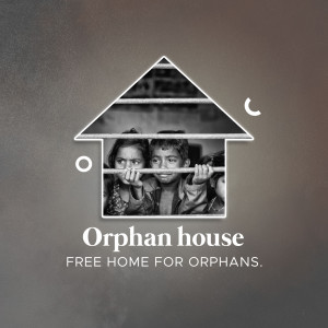 Image depicting children in need of a home, with a house outline framing their faces and the text 'Orphan House - Free Home for Orphans'.