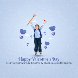 A young boy jumping with a book and heart-shaped balloons, celebrating Valentine's Day and the joy of learning.