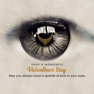 Close-up of an eye with a heart-shaped sparkle and Valentine's Day greeting.