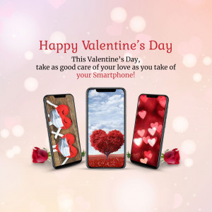 Valentine's Day themed image with smartphones displaying romantic imagery.