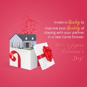 A house emerging from a gift box with hearts, promoting real estate investment for Valentine's Day.