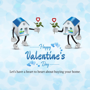Two cartoon houses with arms holding red roses, with a Valentine's Day greeting.