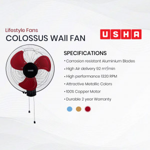 Usha Colossus Wall Fan with red blades and specifications