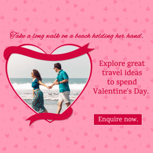 Couple walking on the beach with a heart-shaped frame and Valentine's Day travel promotion text.