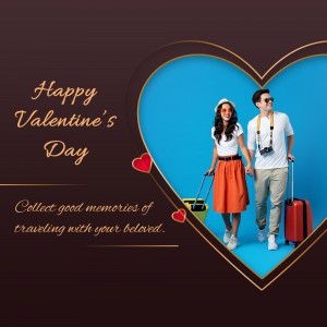 Couple holding hands with luggage in a heart-shaped frame for Valentine's Day