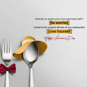 Valentine's Day advertisement featuring cutlery and a hat, promoting dining alone.
