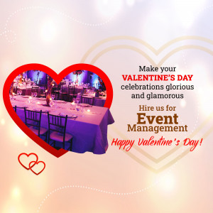 Valentine's Day event setup with heart decorations and dining tables