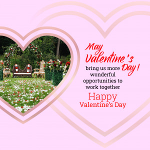 Valentine's Day greeting with a heart-shaped frame and a romantic garden scene.