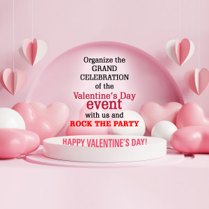 Valentine's Day event advertisement with hearts and balloons