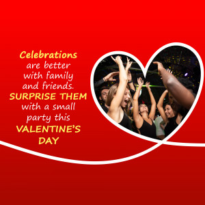 A Valentine's Day themed image with people celebrating and text promoting a surprise party.