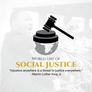 Image commemorating World Day of Social Justice with Martin Luther King Jr.'s portrait, a gavel, and a globe.