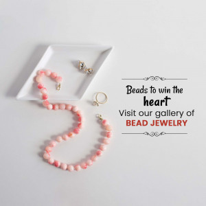 Pink bead necklace and earrings on a white tray with text promoting a bead jewelry gallery.