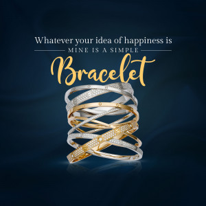 Close-up of a stack of gold and silver bracelets with diamond accents.