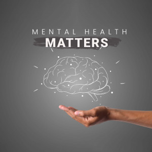 Illustration of a brain in a hand with the text 'Mental Health Matters'