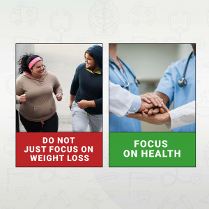 Image showing people of different body types and a healthcare professional, with text emphasizing focusing on health, not just weight loss.