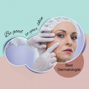 A dermatologist examining a woman's face for skin concerns.