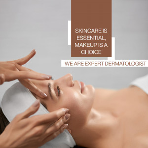 Woman receiving a facial treatment with text overlay 'Skincare is Essential, Makeup is a Choice' and 'We are Expert Dermatologist'