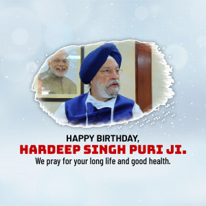 Image of Hardeep Singh Puri with a portrait of Narendra Modi and birthday wishes.