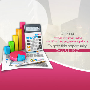 Image depicting financial growth, calculator, and charts representing low interest rates and flexible payment options.