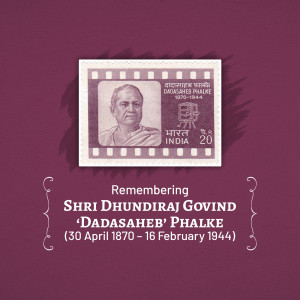 Image of a commemorative stamp featuring Dadasaheb Phalke with text honoring his life and work.