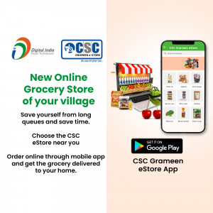 CSC Grameen eStore app advertisement promoting online grocery delivery from local stores.