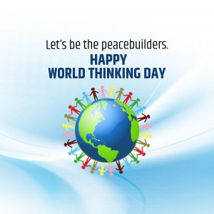 Illustration of people holding hands around the Earth with the text 'Let's be the peacebuilders. HAPPY WORLD THINKING DAY'.