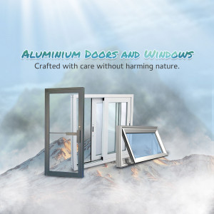 Aluminum doors and windows with a mountain backdrop, emphasizing eco-friendly construction.
