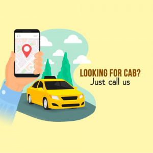 Illustration of a hand holding a smartphone displaying a map with a cab icon and a yellow taxi below.