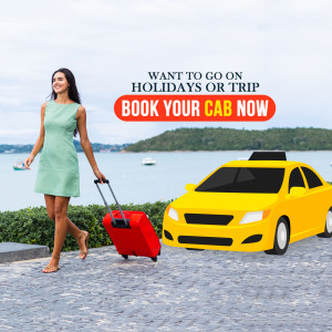 Woman with luggage and a taxi, promoting cab booking for holidays