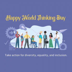 Illustration of diverse people with gears, lightbulbs, and a paper airplane, celebrating World Thinking Day.