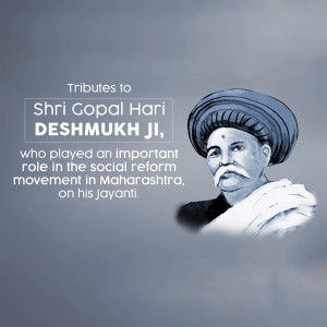 Portrait of Shri Gopal Hari Deshmukh Ji with text honoring his contribution to social reform in Maharashtra.