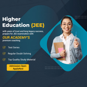 A young woman smiling and holding a pen, promoting JEE coaching with text about test series and study material.