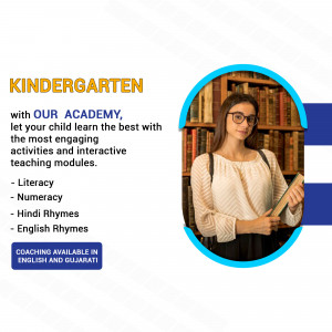 Image of a teacher with books promoting kindergarten academy with literacy and numeracy programs.
