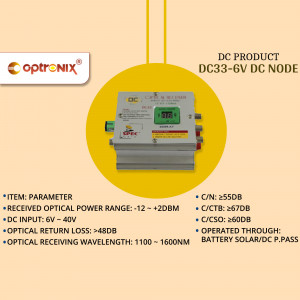Close-up of an Optronix DC33-6V DC Node with technical specifications.